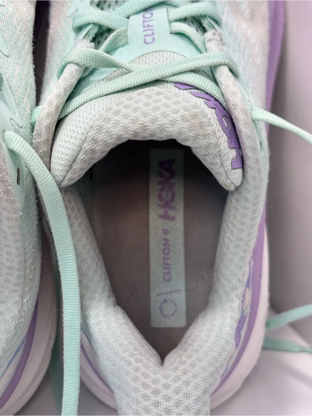 Hoka Clifton 9 Women's Size 10B Running Shoes Mint Green/Purple/White Sneakers